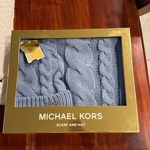 Michael Kors Light Blue Cable Knit Beanie and Scarf Set
